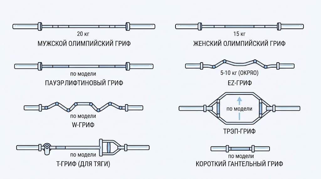 Сравнение видов грифов для штанги: олимпийские, пауэрлифтинговый, EZ, W, трэп, Т-гриф и гантельный