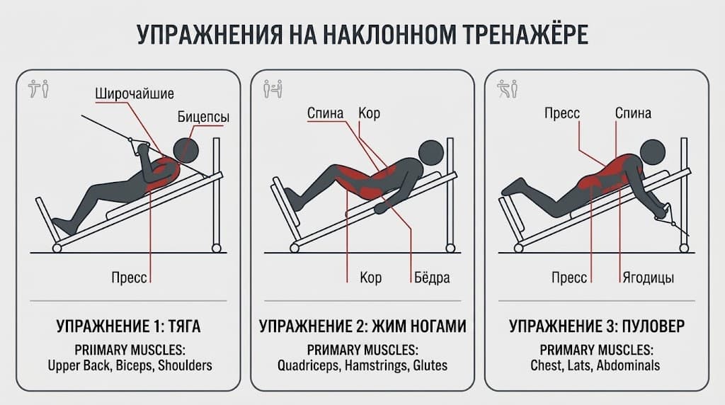 Схема упражнений на Total Gym с указанием задействованных групп мышц