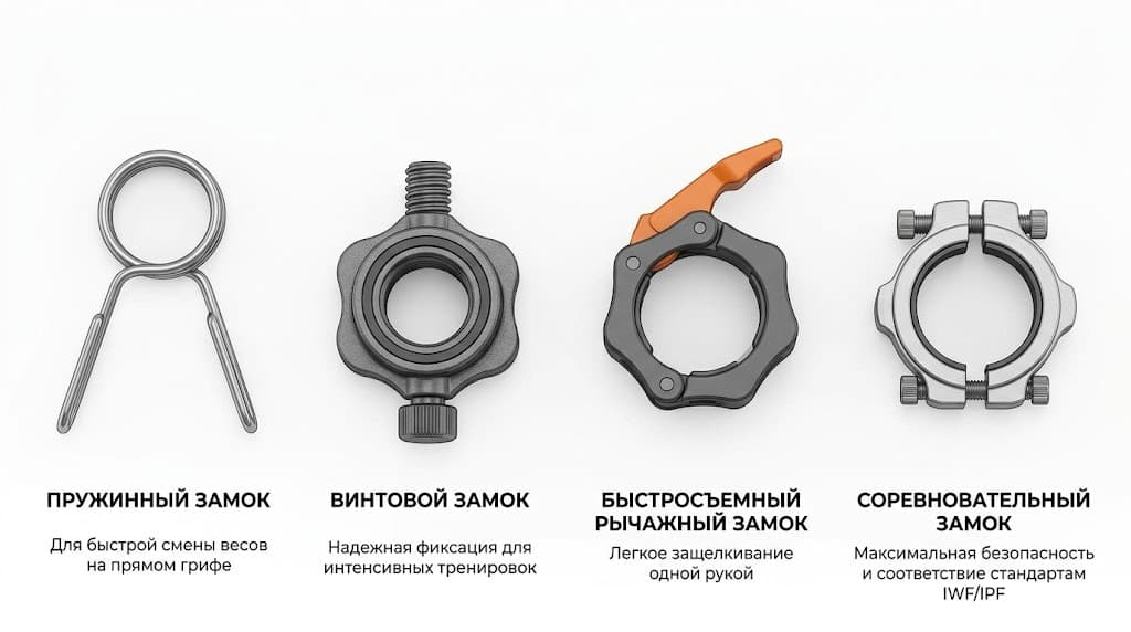 Виды замков для грифа: пружинный, винтовой, быстросъемный и соревновательный