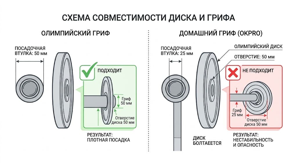 Совместимость диска и грифа: посадочный диаметр 50 мм у олимпийского грифа и 25 или 30 мм у домашнего